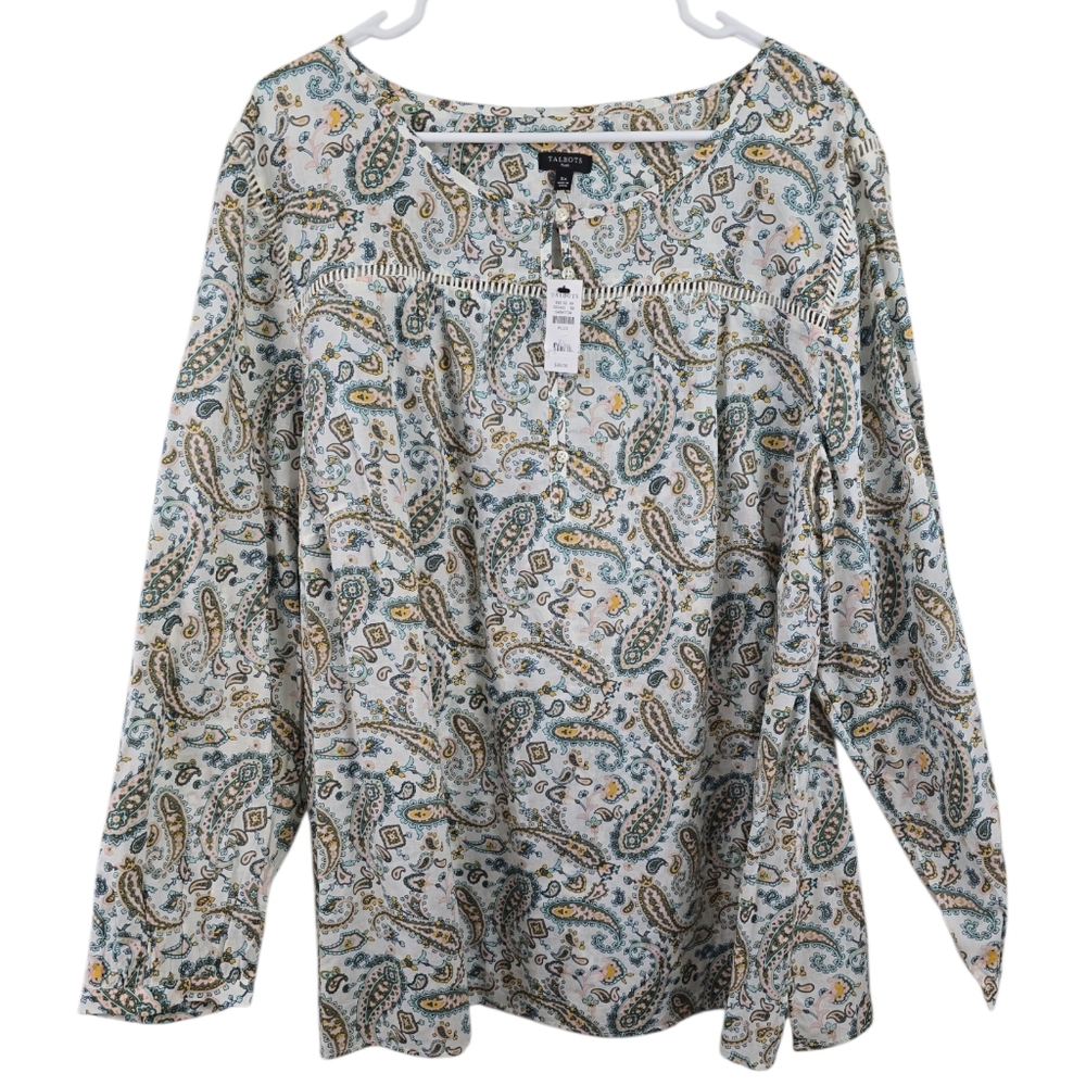 Talbots M Popover Peasant Blouse Lightweight Cotton Paisley Pastel Colorful